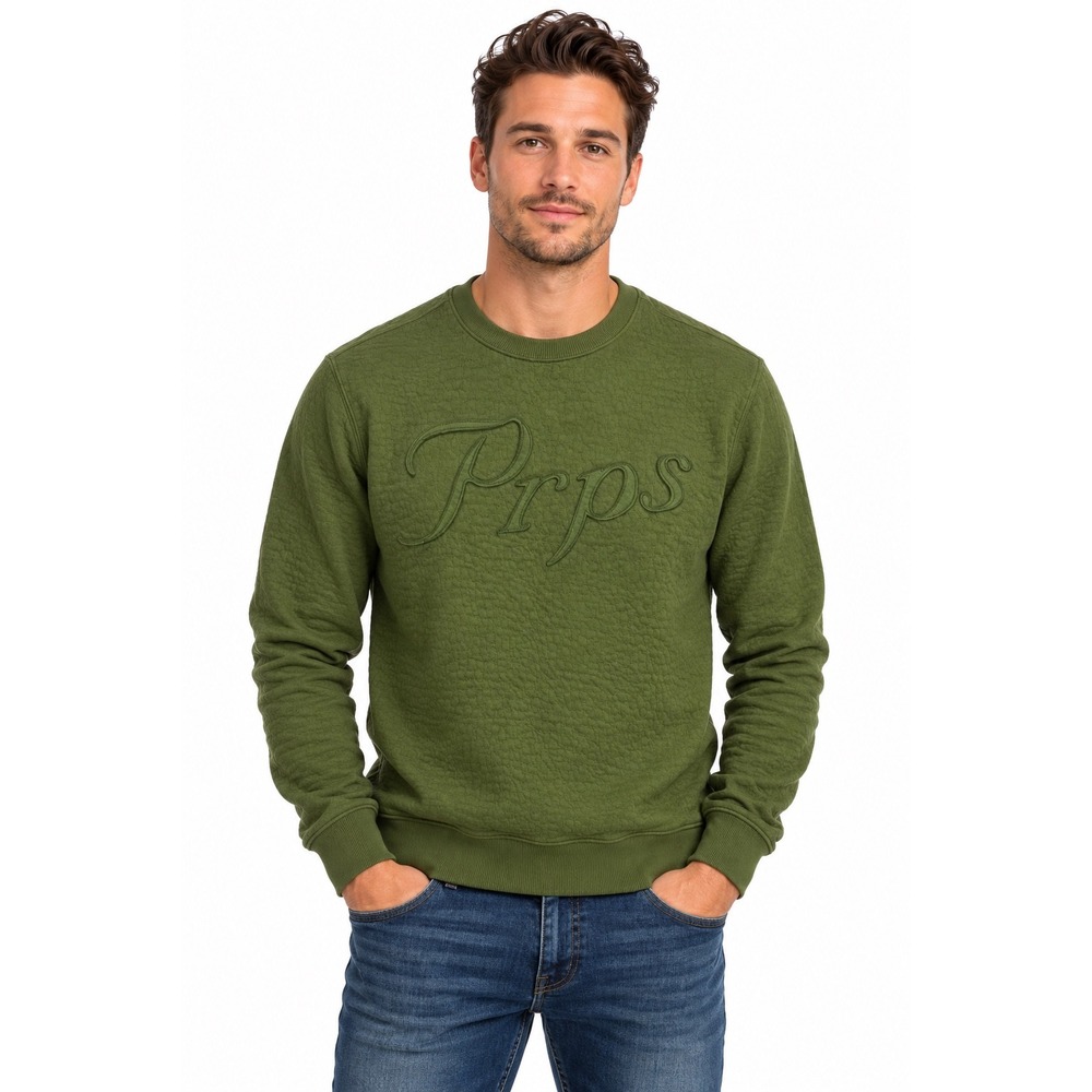 Prps Mens Olive Green Textured Logo Crewneck Sweatshirt Size S